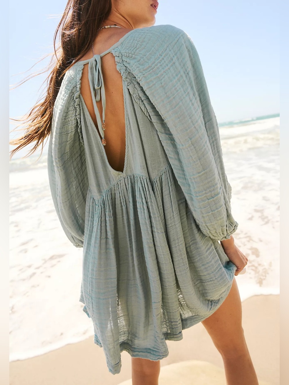 Free People Adler Tunic babydoll Gauze Open Back Beach Coverup Summer Dress Med